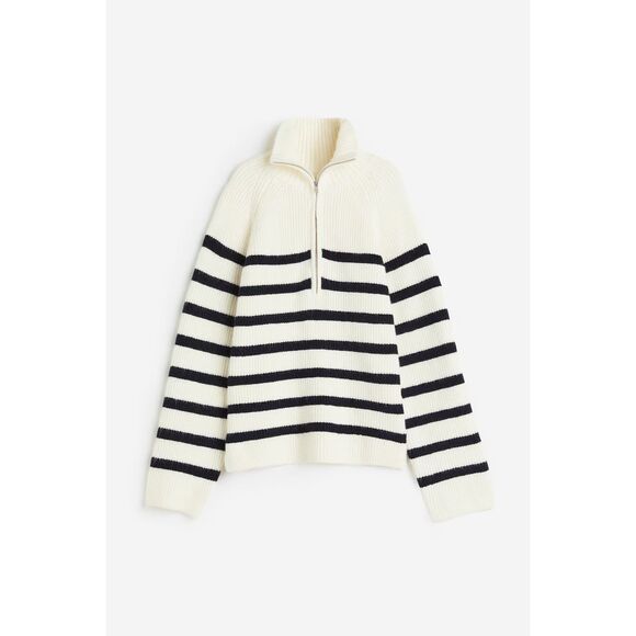 H&M Rib Knit Half Zip Sweater Navy And White Striped oversized Size Medium - Picture 1 of 8